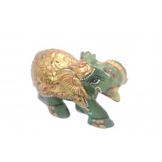 Elephant Figurine Natural Green Jade Gem Stone Gold Hand Painted Handmade B406